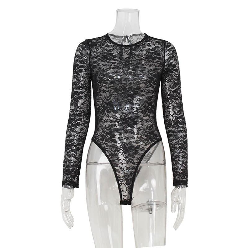 Noir Bloom Floral Lace Sheer Long-Sleeve Bodysuit