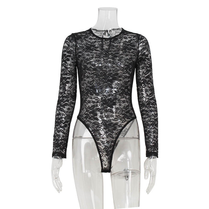 Noir Bloom Floral Lace Sheer Long-Sleeve Bodysuit
