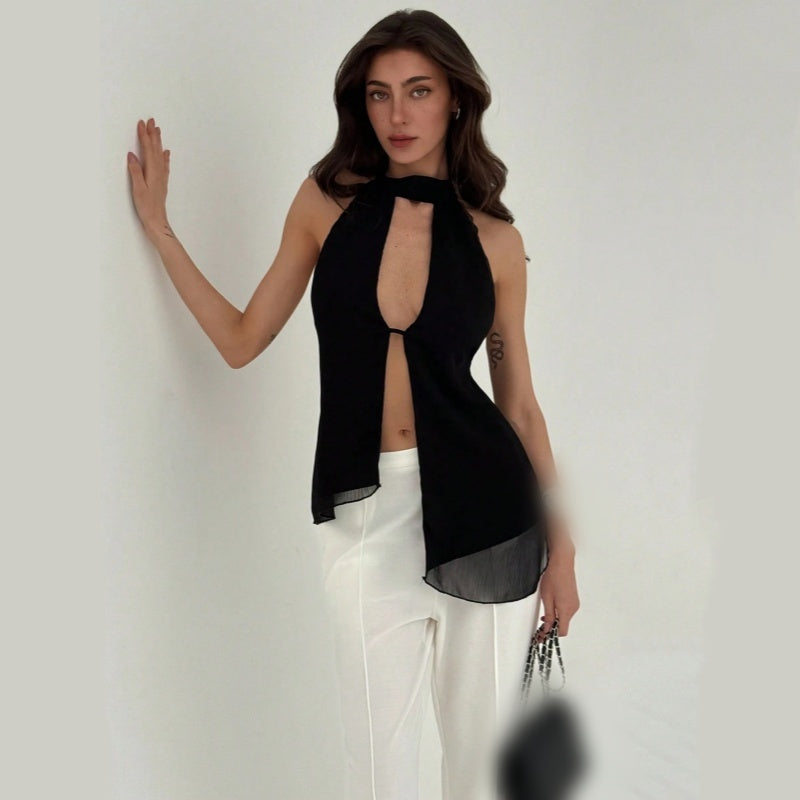 Backless Halter Keyhole Split Top