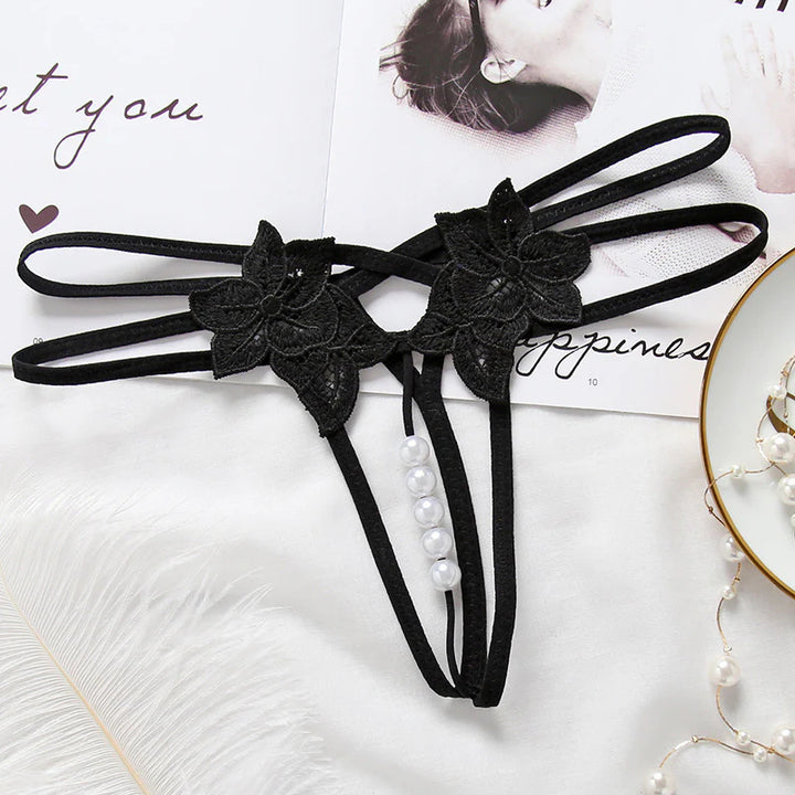 Sexy Pearl Beaded Sheer Floral Thong Panty