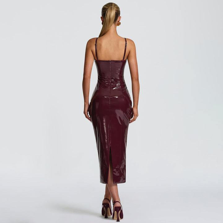 Leather Spaghetti Strap Midi Bodycon Dress