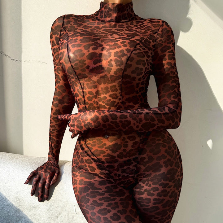 Wild Leopard Sheer Mesh Full Body Catsuit