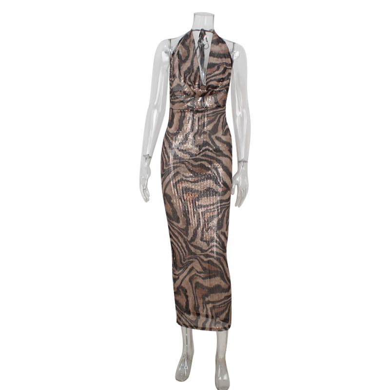 Halter Neck Leopard Print Sequin Midi Dress