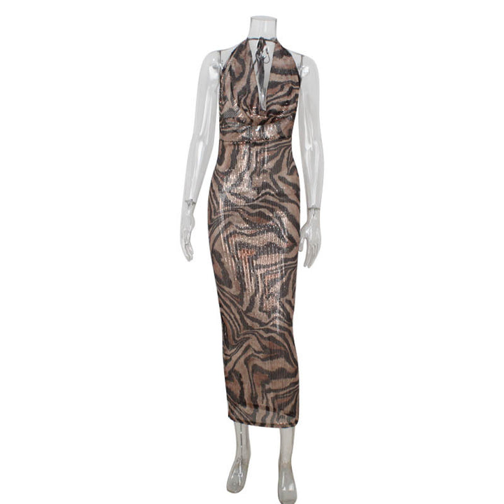 Halter Neck Leopard Print Sequin Midi Dress