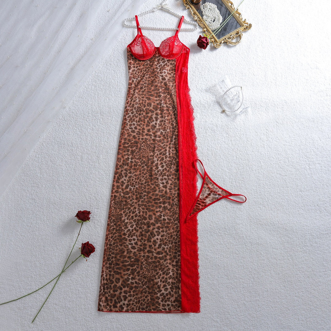 Leopard Red Lace High Slit Maxi Gown
