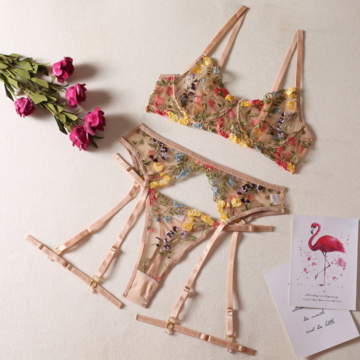 Floral Embroidered Sheer Lingerie Set