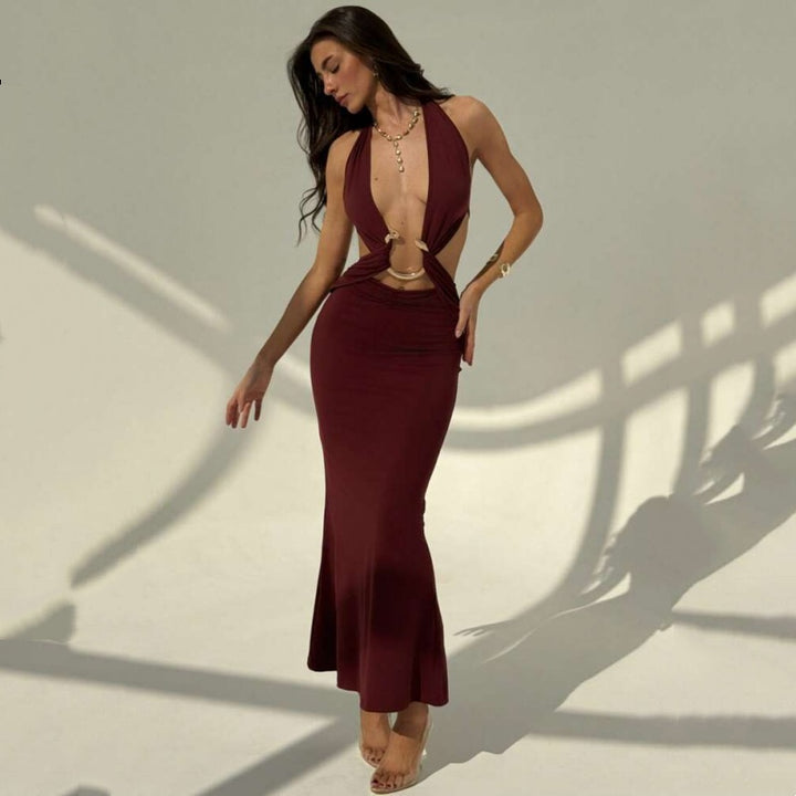 Metal Ring Cut‑Out Halter Tie‑Back Dress