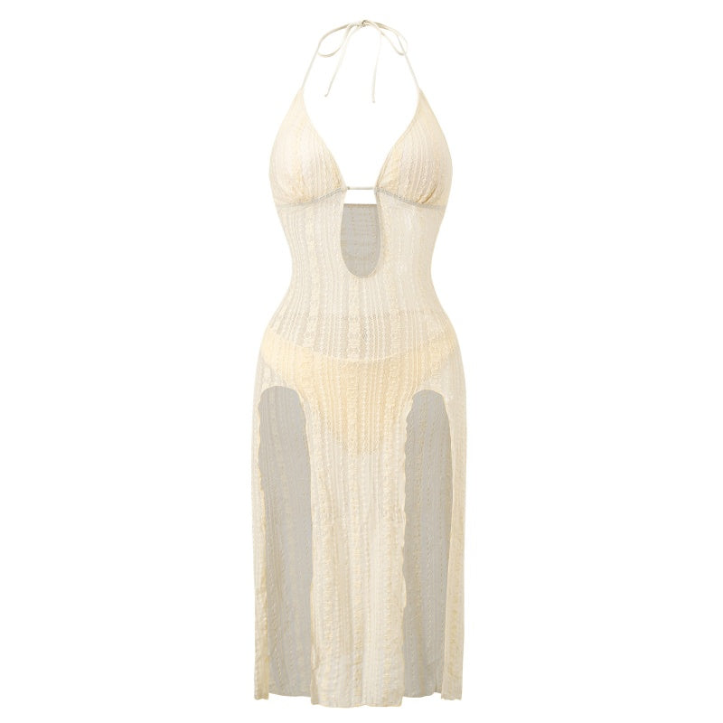 Halter Textured Knit Keyhole Split Beach Dress