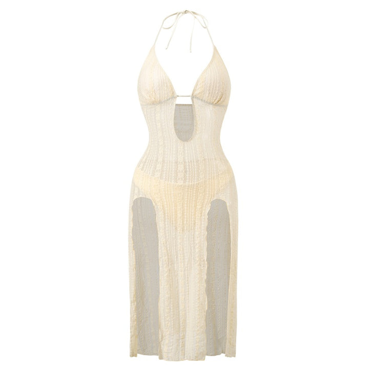 Halter Textured Knit Keyhole Split Beach Dress