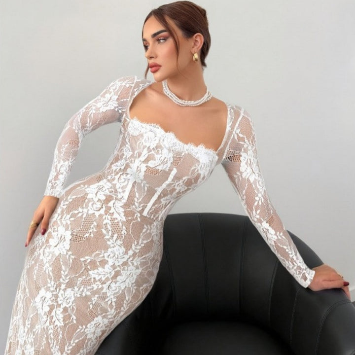 Square Neck Long Sleeve Floral Maxi Dress