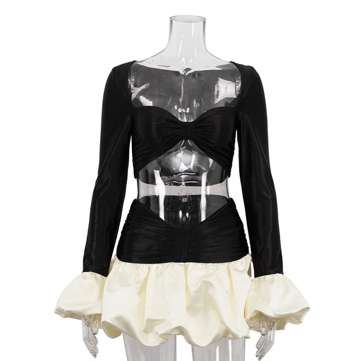 Two‑Tone Bow Crop Top Puff Bubble Skirt