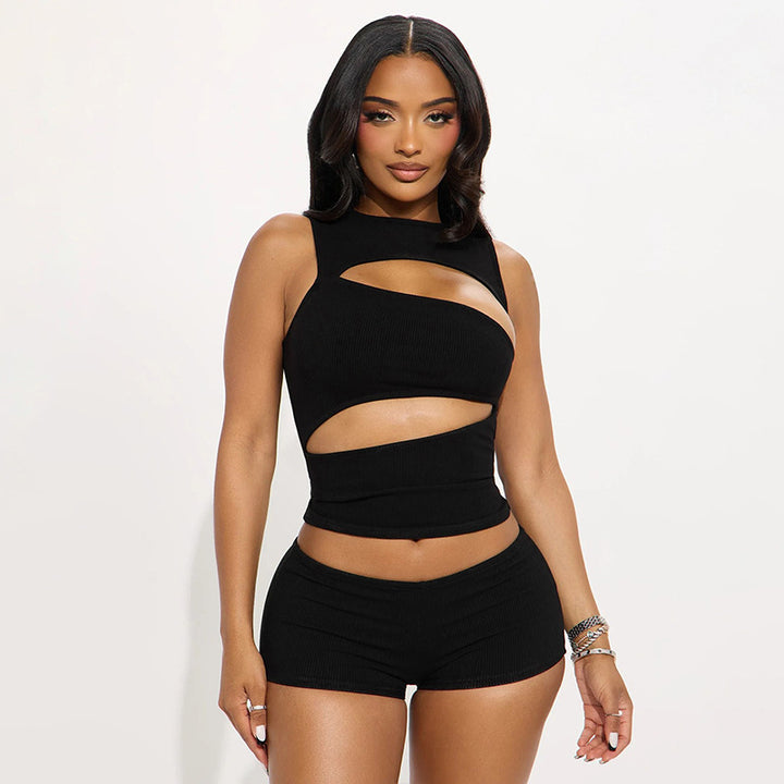 Hollow Out Sleeveless Tank Top Short Pants Set