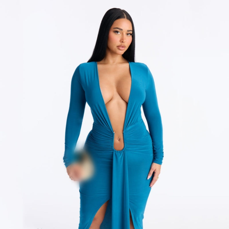 Long Sleeve Deep V Bodycon Midi Dress