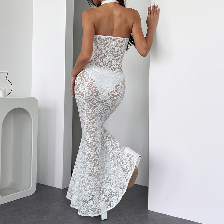 Halter Cut‑Out Floral Lace Sheer Dress