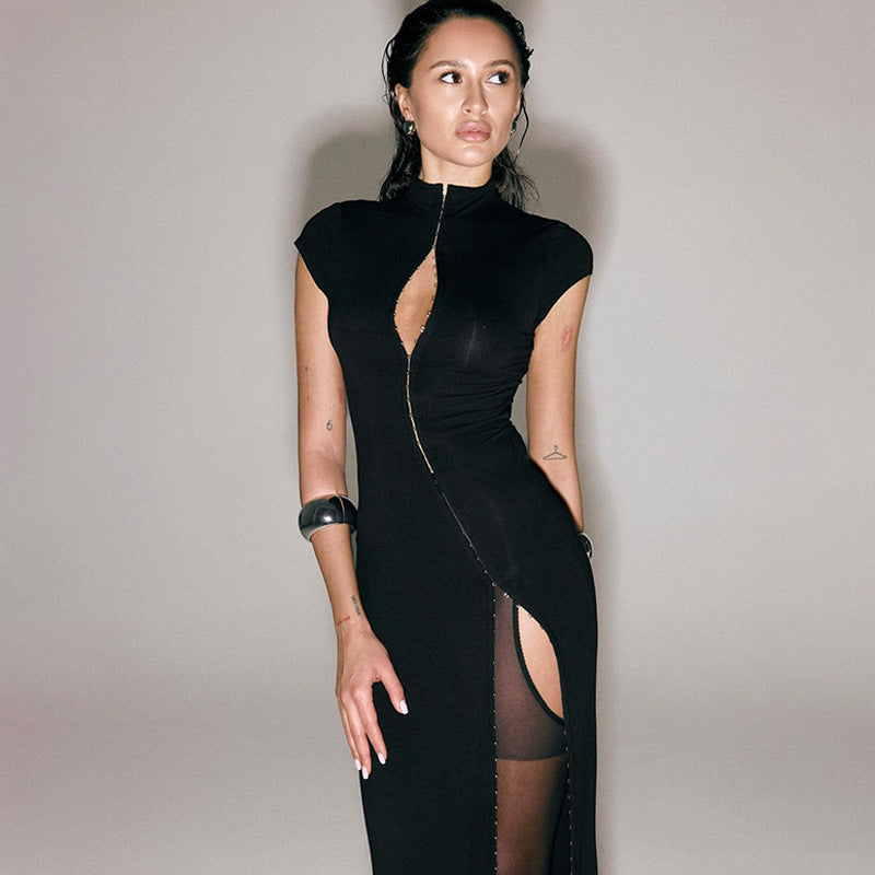 High Neck Cap Sleeve Maxi Party Dress