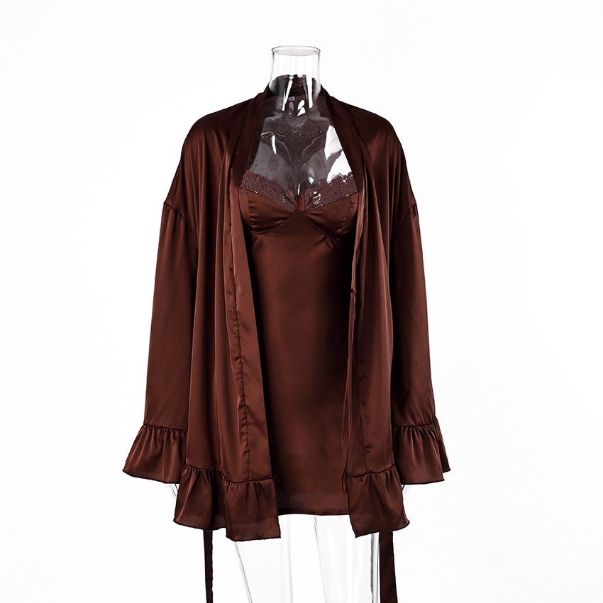 Ruffle Flare Sleeve Satin Cami Slip Lingerie