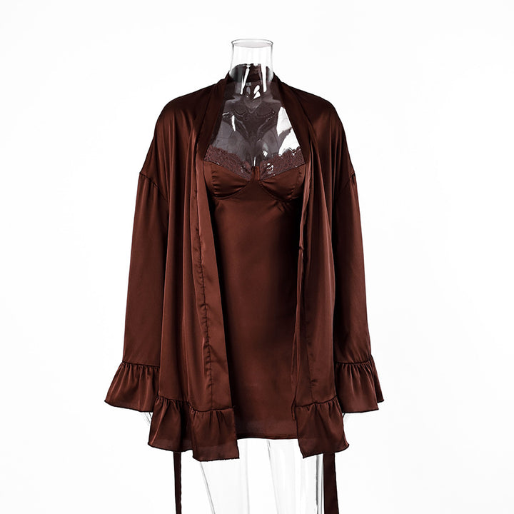 Ruffle Flare Sleeve Satin Cami Slip Lingerie