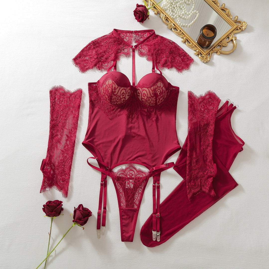 Eyelash Lace Garter Bodysuit Lingerie Set