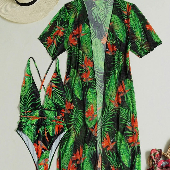 Tropical Seduction Robe Plunge Swimsuit Set