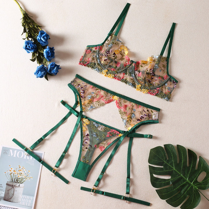 Floral Embroidered Sheer Lingerie Set