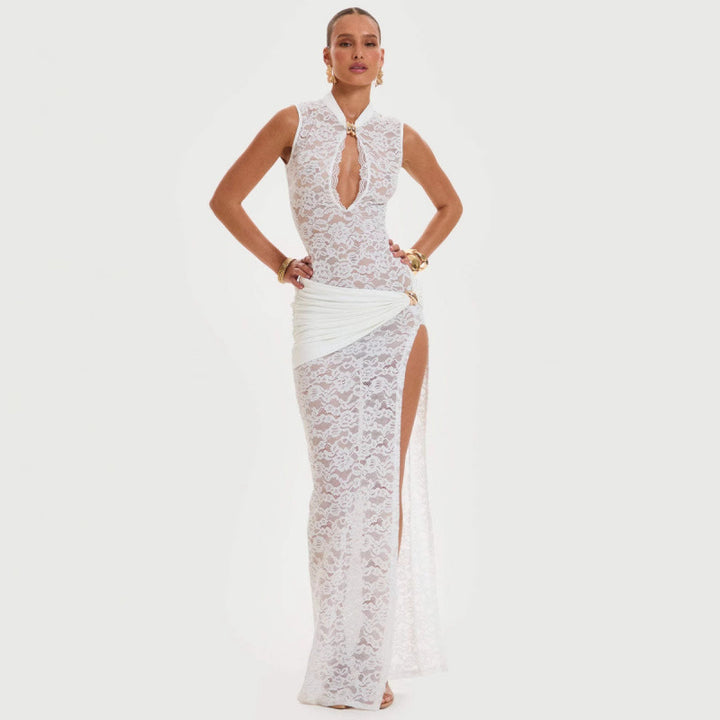 Qipao Collar Lace High Slit Maxi Dress