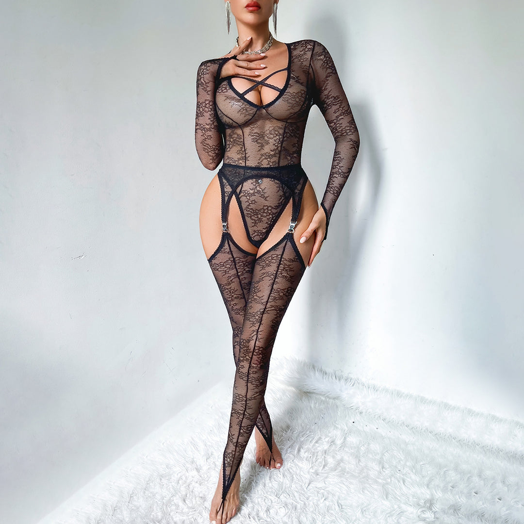 Fashion Sexy Cut-Out Floral Lace Long Sleeve Bodysuit