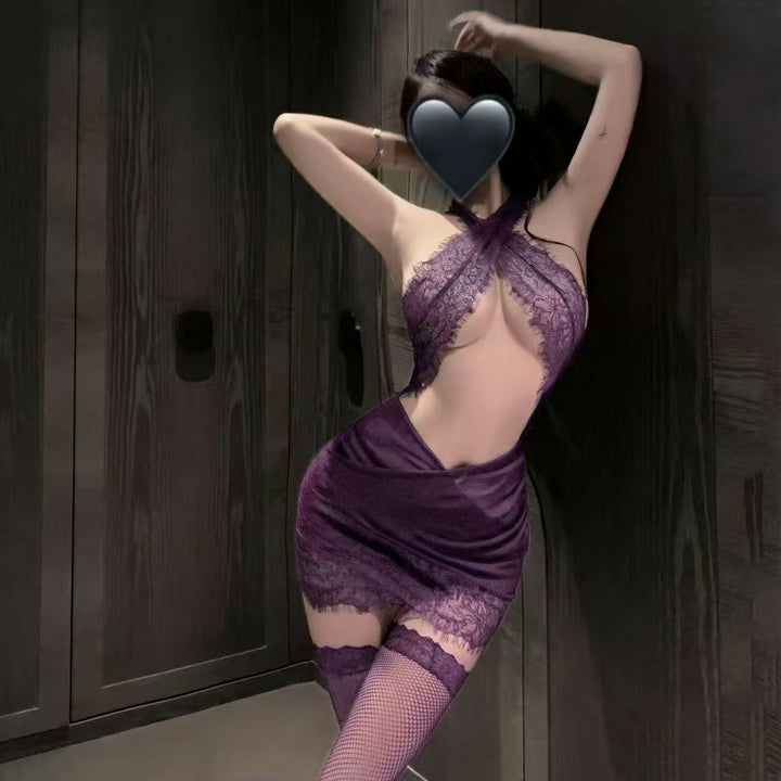 Open-Back Halter Lace Trim Bodycon Dress