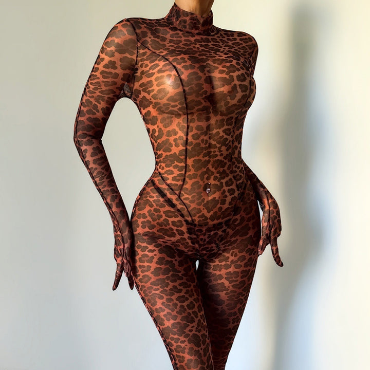 Wild Leopard Sheer Mesh Full Body Catsuit
