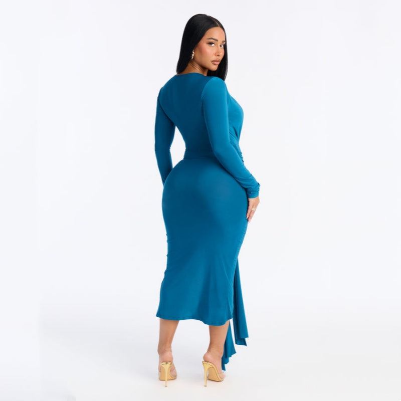 Long Sleeve Deep V Bodycon Midi Dress