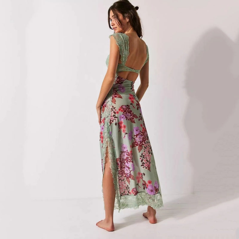 Vintage Floral Lace Cut‑Out Side‑Slit Dress
