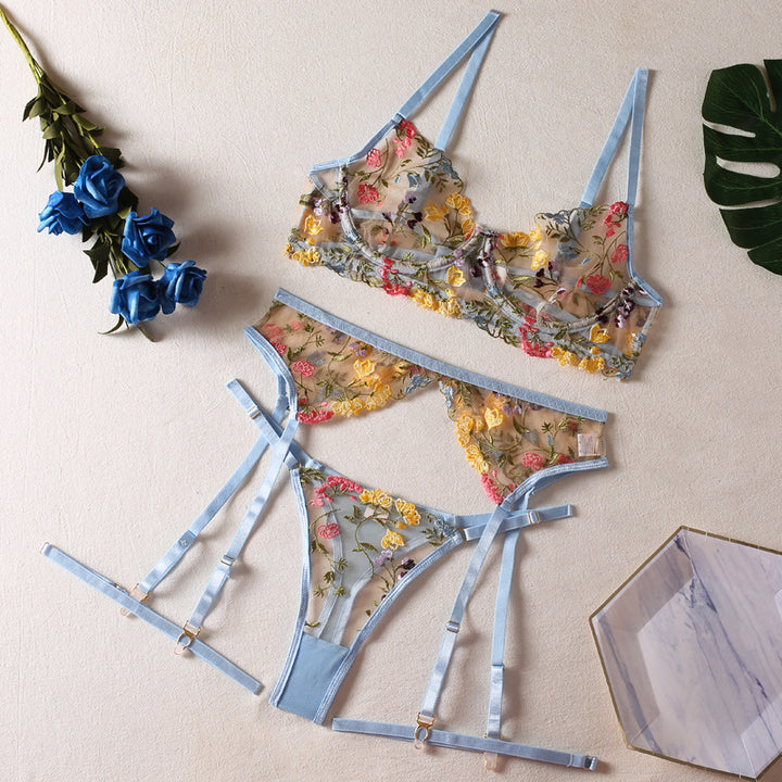 Floral Embroidered Sheer Lingerie Set
