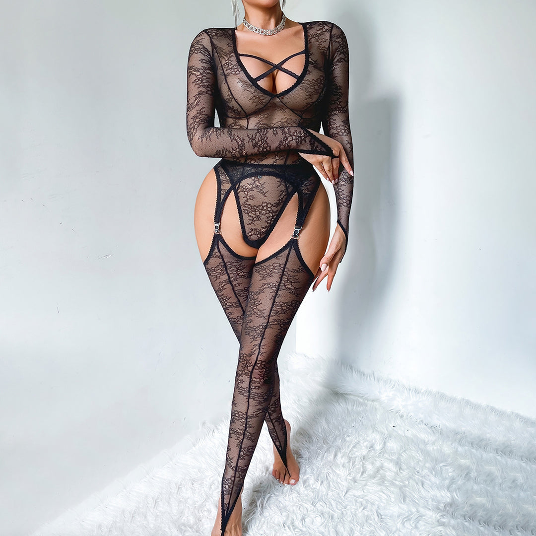 Fashion Sexy Cut-Out Floral Lace Long Sleeve Bodysuit