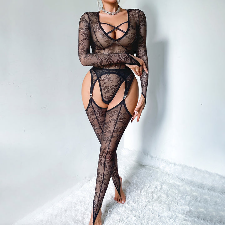 Fashion Sexy Cut-Out Floral Lace Long Sleeve Bodysuit
