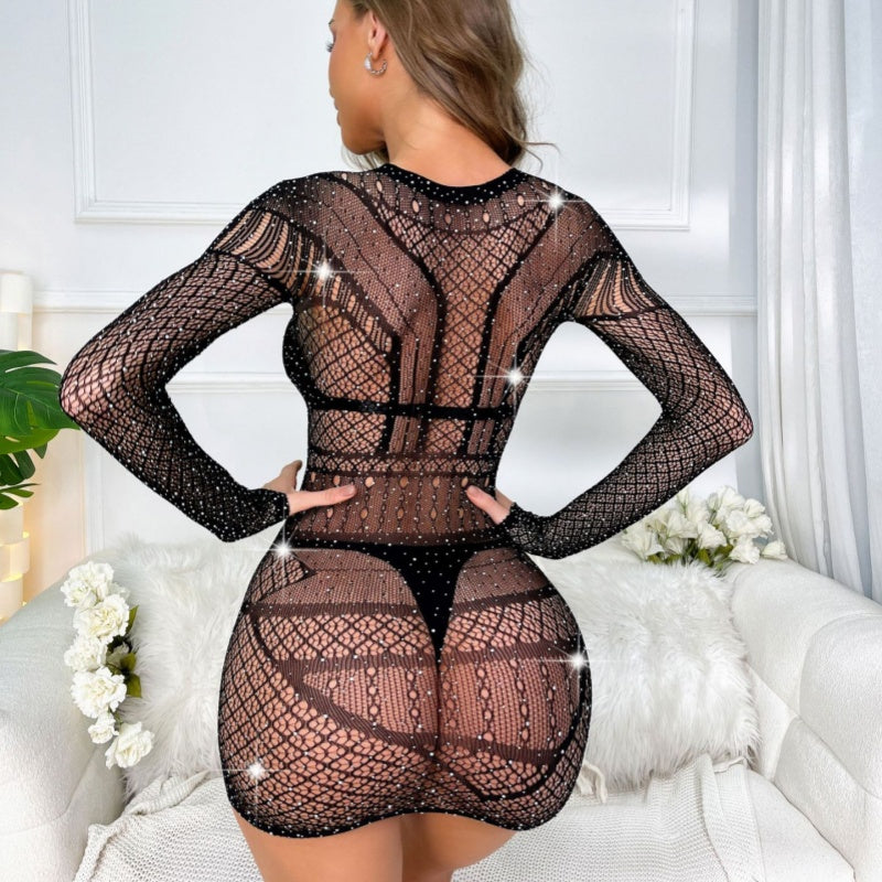 Sparkly Sheer Fishnet Long Sleeve Mini Dress