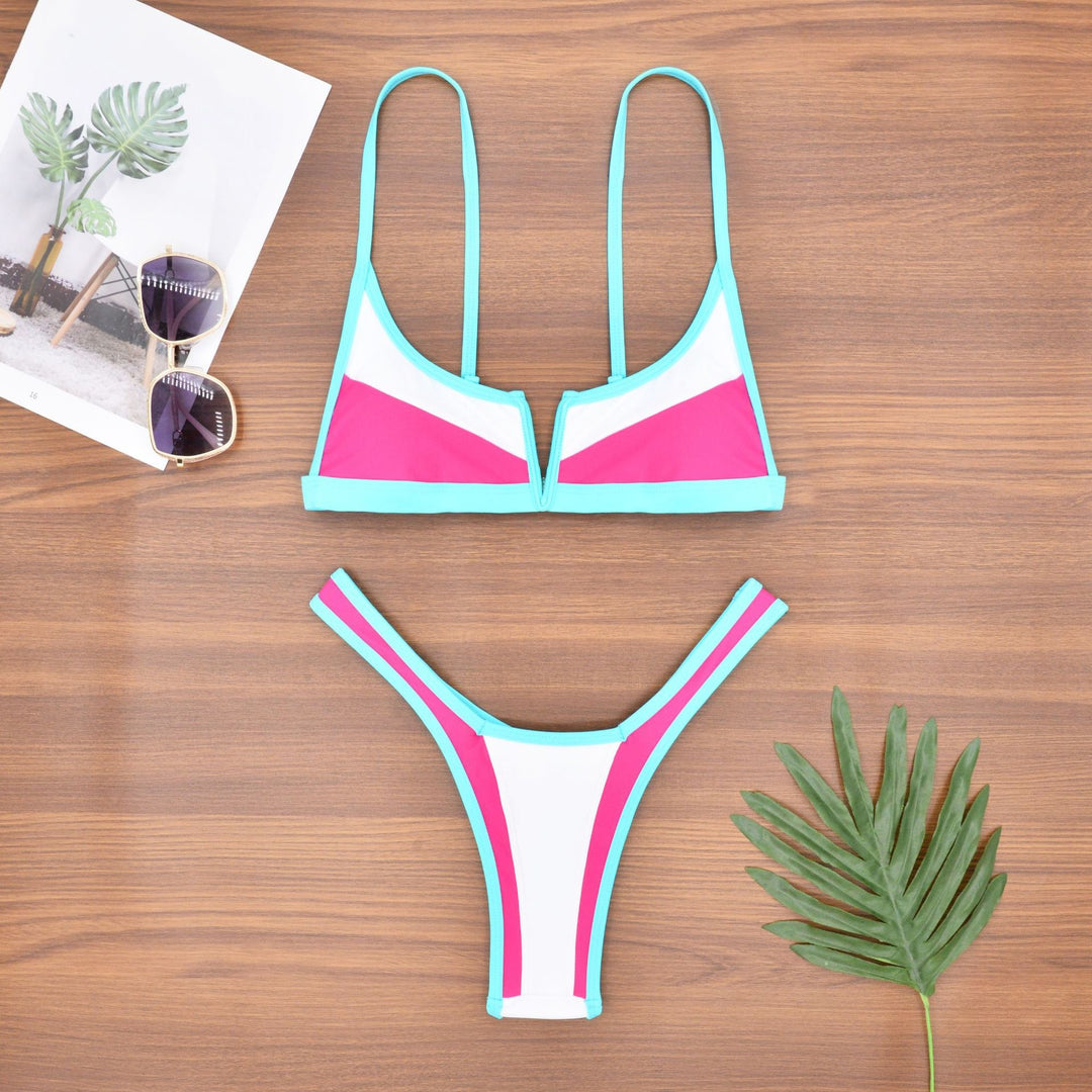 Color Block V Notch Bikini