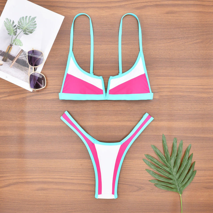 Color Block V Notch Bikini