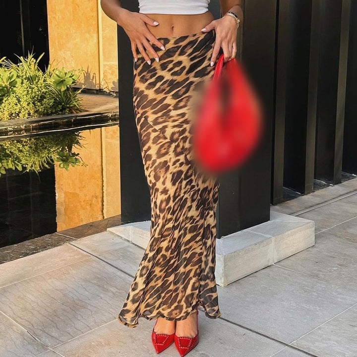 Leopard Print Mesh Mermaid Maxi Skirt