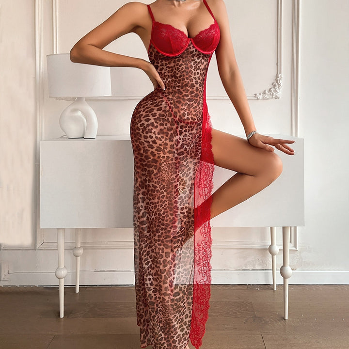 Leopard Red Lace High Slit Maxi Gown