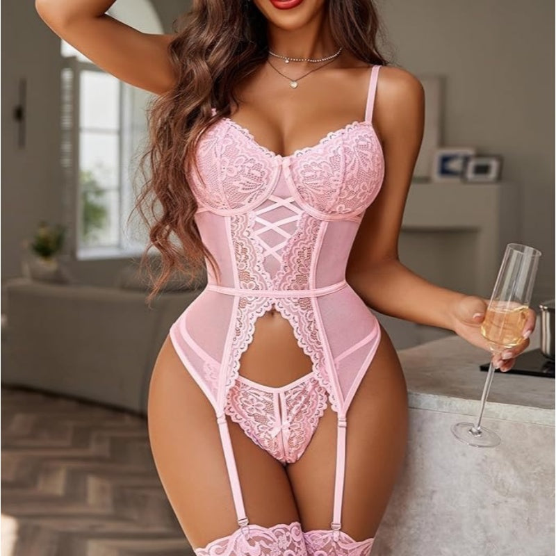Women's Floral Lace Garter Lingerie Set