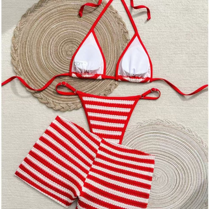 Red White Stripe Knit Halter Bikini Set