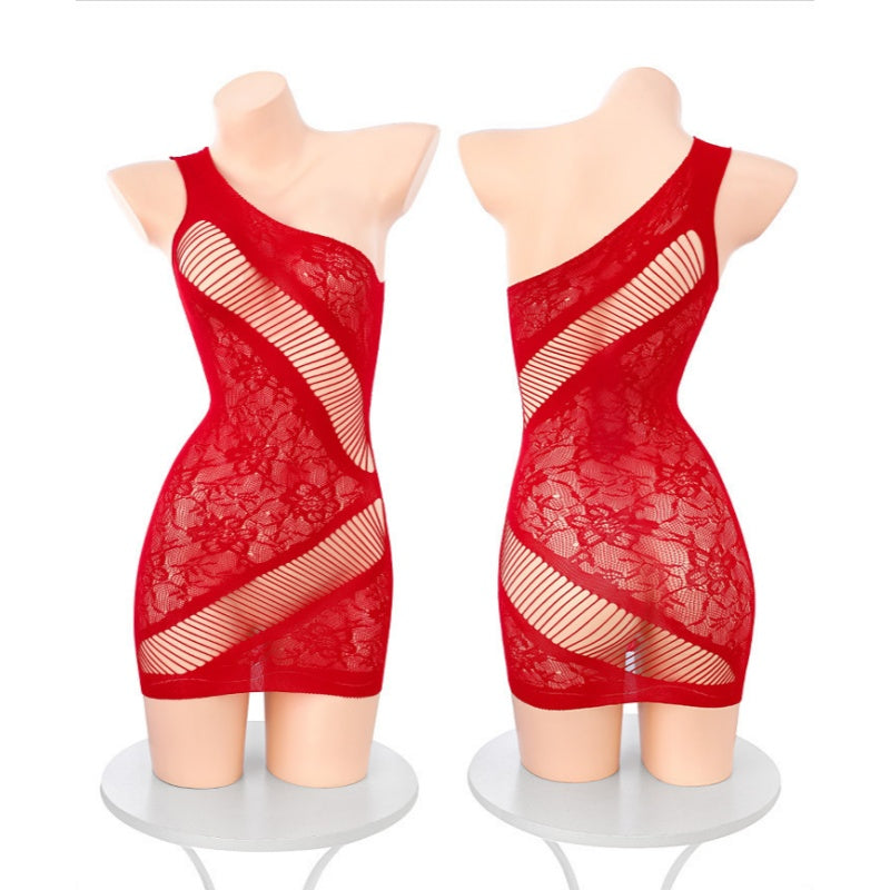 One Shoulder Sheer Lace Mini Dress