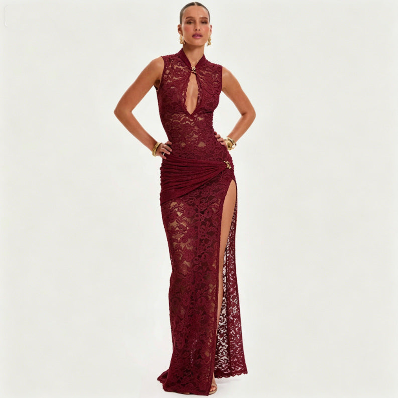 Qipao Collar Lace High Slit Maxi Dress