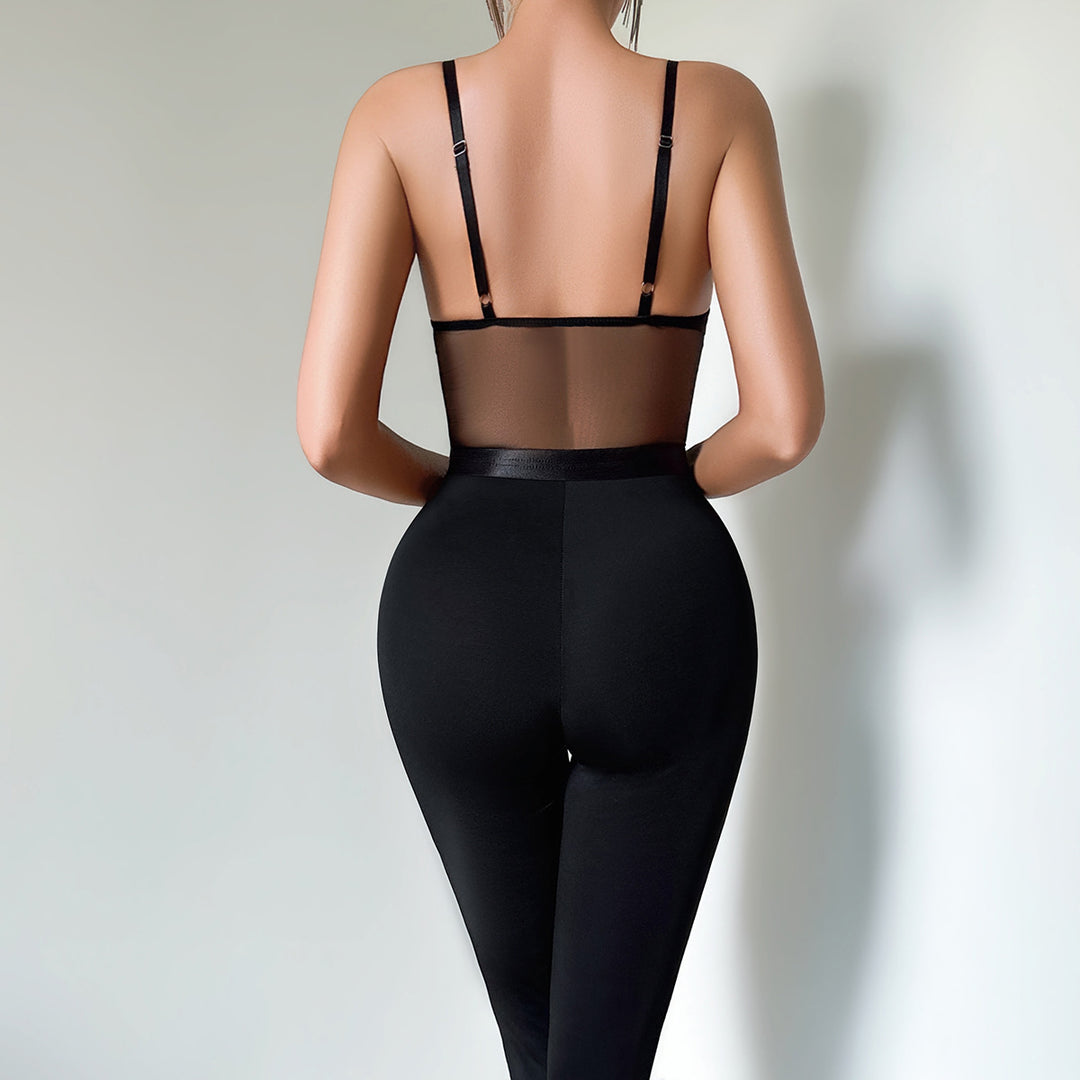 Sheer Mesh Panel Satin Bustier Jumpsuit