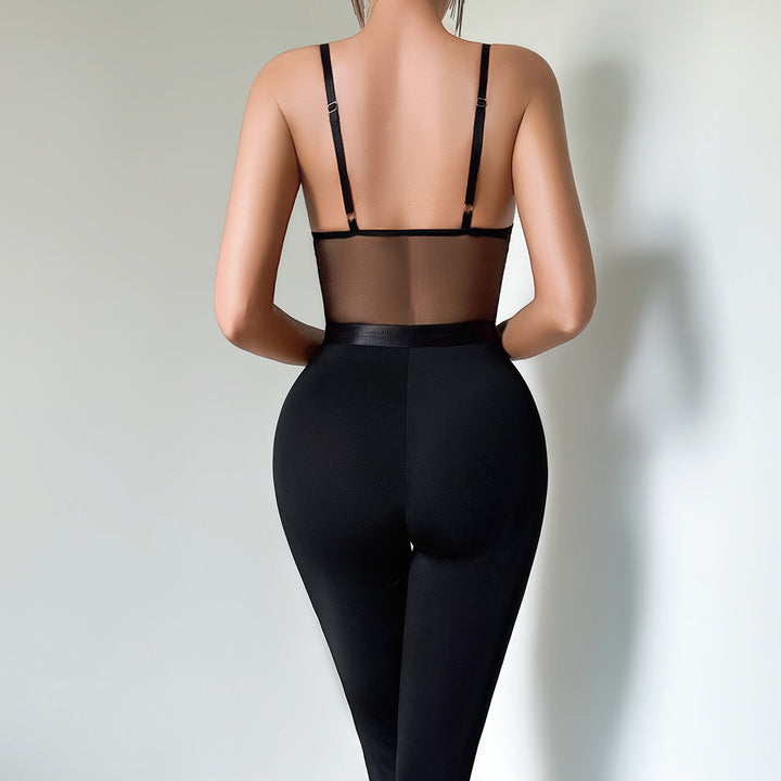 Sheer Mesh Panel Satin Bustier Jumpsuit