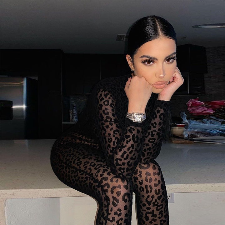 Leopard Print Mesh Long Sleeve High Neck Jumpsuit