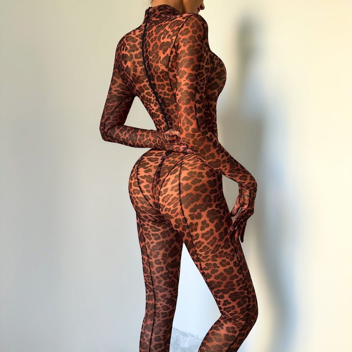 Wild Leopard Sheer Mesh Full Body Catsuit
