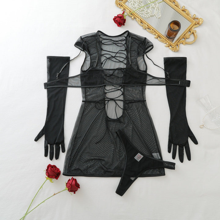 Seductive Lace-Up Sheer Mesh Mini Dress