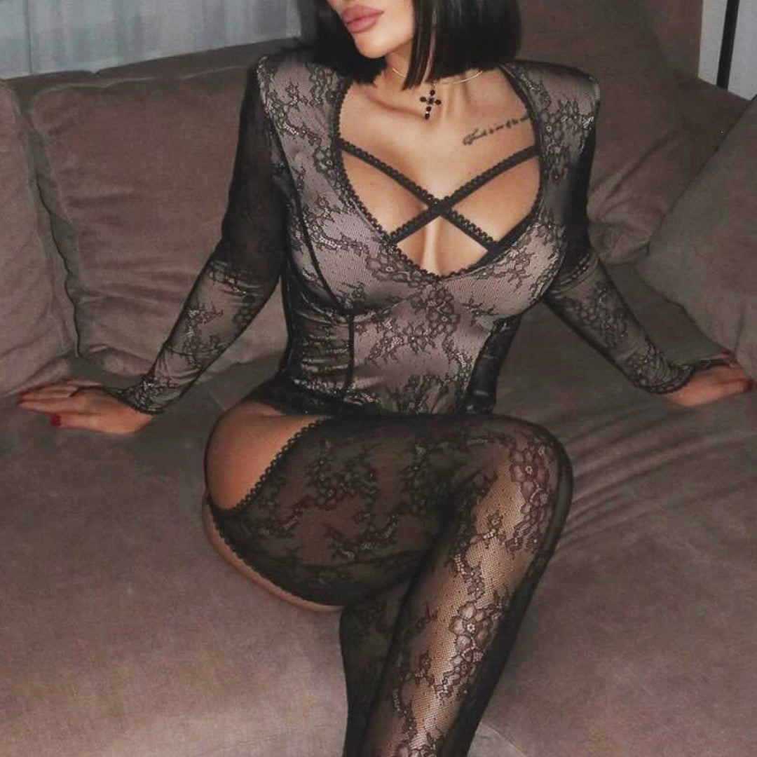 Fashion Sexy Cut-Out Floral Lace Long Sleeve Bodysuit
