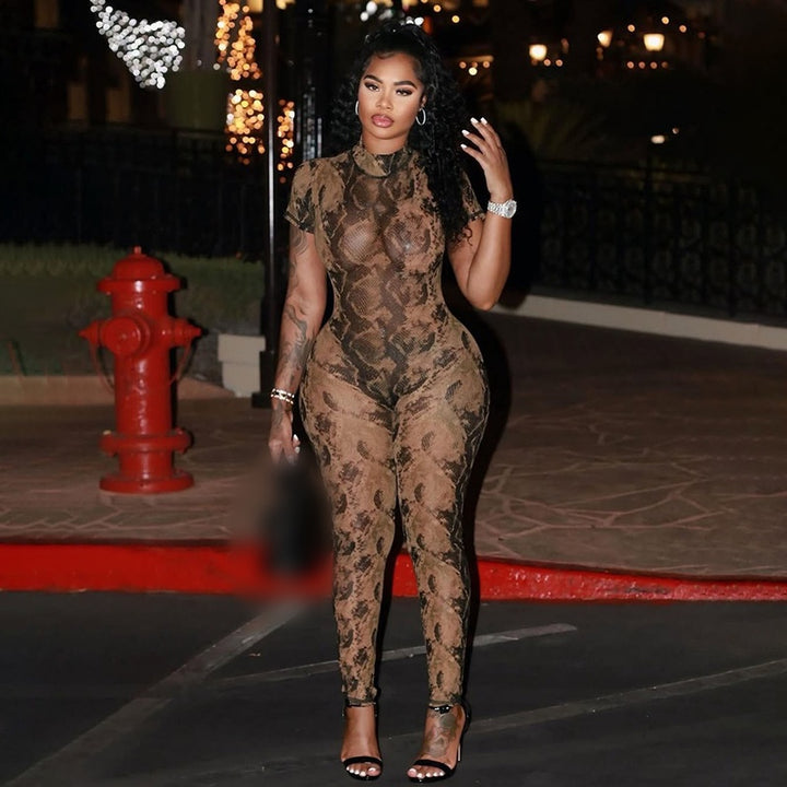 Printed Sheer Mesh Mock Neck Jumpsuit