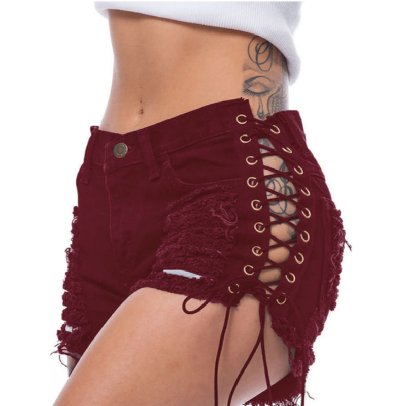Side Lace Up Distressed Fringe Denim Shorts